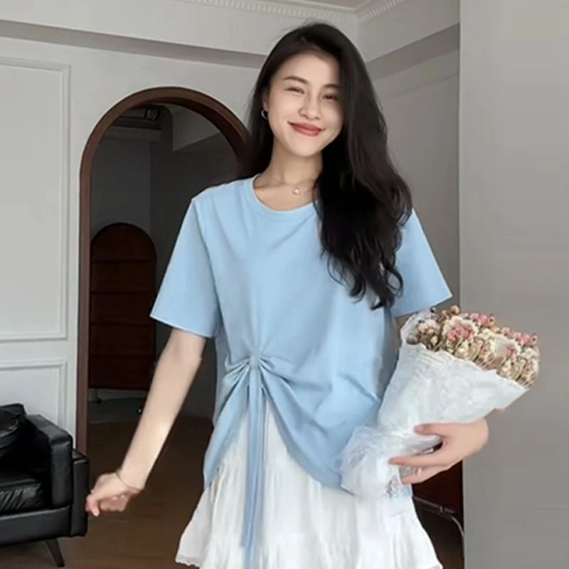 棉大码不规则蓝色短袖t恤女新款爆款夏设计感小众遮肚子显瘦上衣