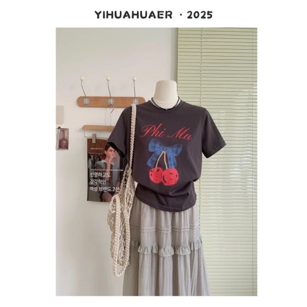 东大门韩版新款舒服简约字母印花圆领休闲宽松纯色百搭T恤3547