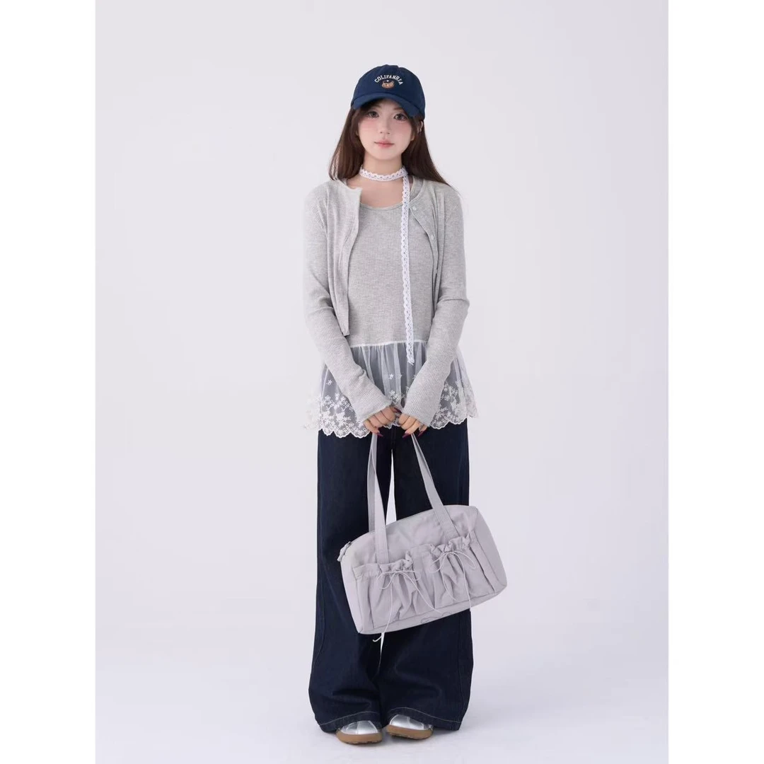 花田橱窗 韩系拼接蕾丝背心开衫两件套上衣3216