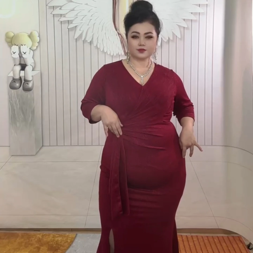 时尚气质礼服长裙秋季性感开叉长袖连衣裙结婚宴会平时可穿裙子女