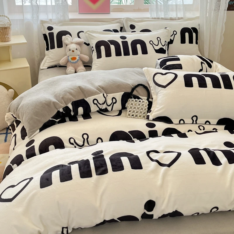 ins简约字母珊瑚绒单件被套双面绒牛奶绒宿舍法兰绒四件套150*200