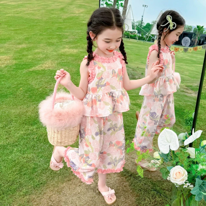 女童花朵薄款套装2025新款宝宝夏季背心阔腿裤两件套儿童时髦夏装