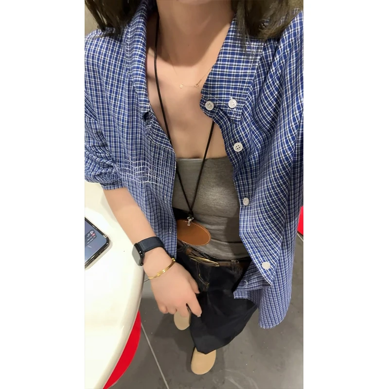 cleanfit浅蓝色格子衬衫男新款美式高级感慵懒风休闲长袖衬衣外套