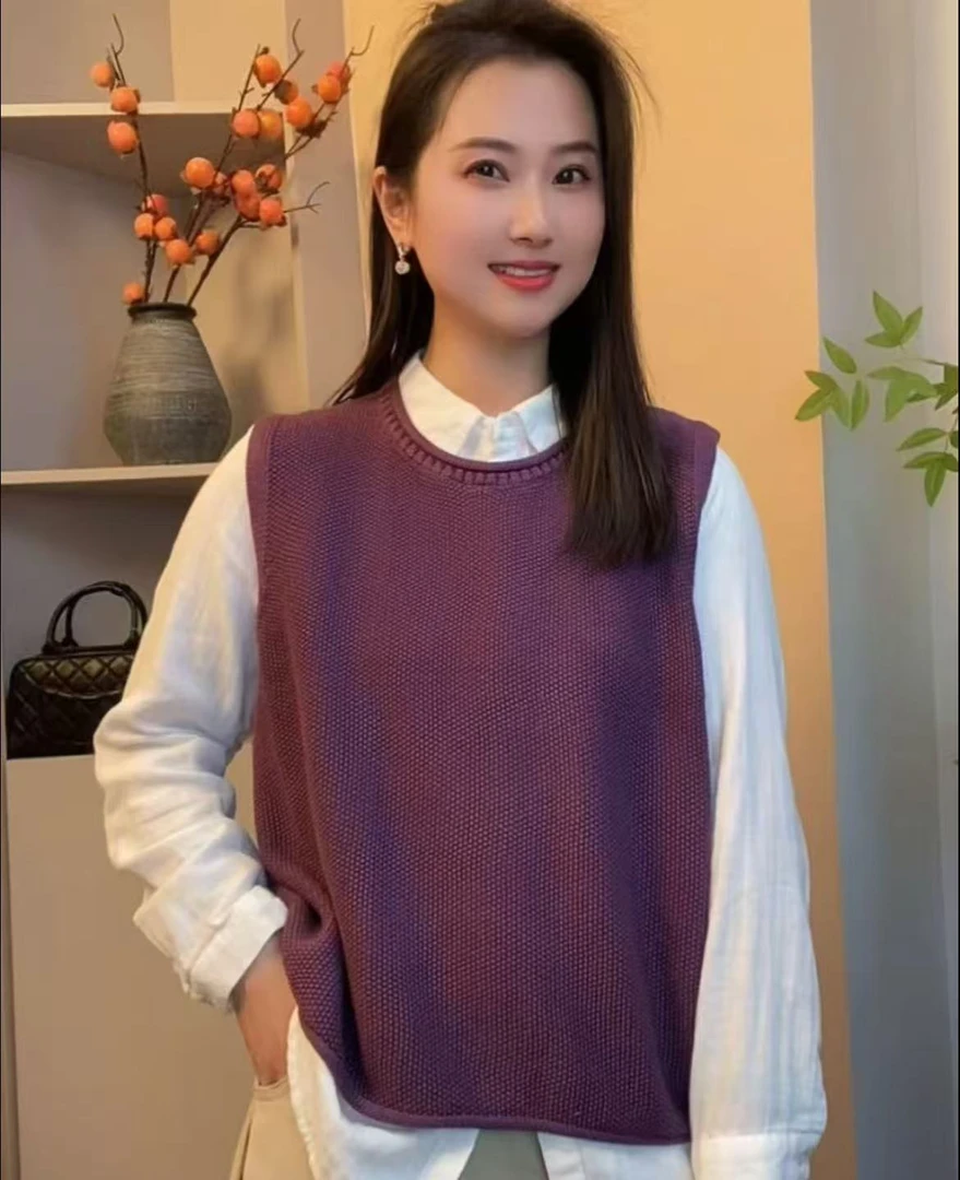 复古文艺秋季圆领马甲百搭针织新款宽松套头无袖纯色坎肩背心上衣