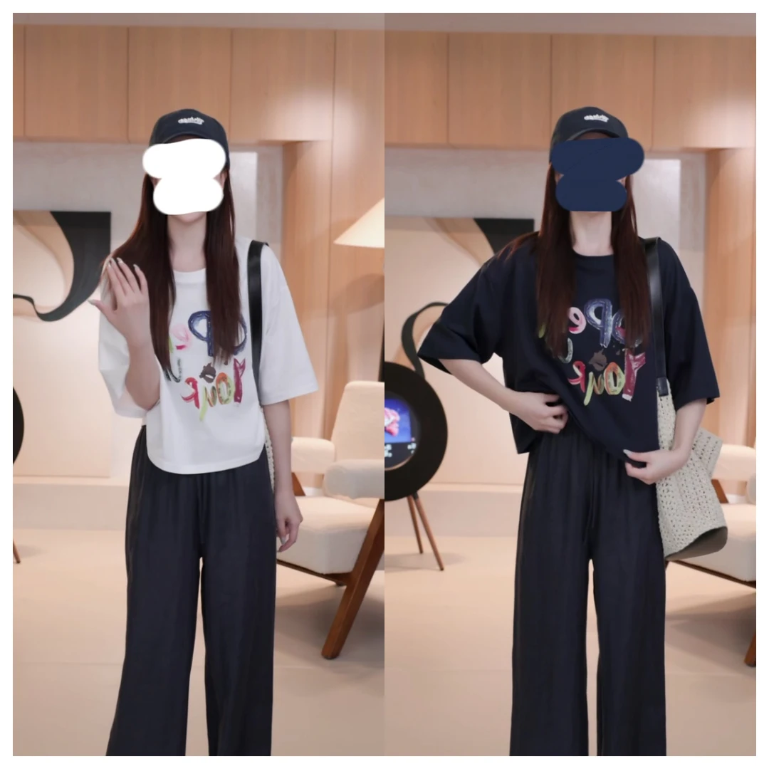 时尚宽松设计感趣味彩色字母带钻短款短袖T恤