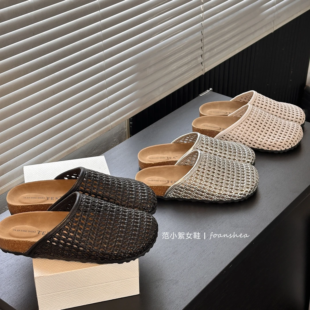 包头胶粘鞋平跟镂空田园风包头拖编织透气百搭夏季勃肯拖鞋