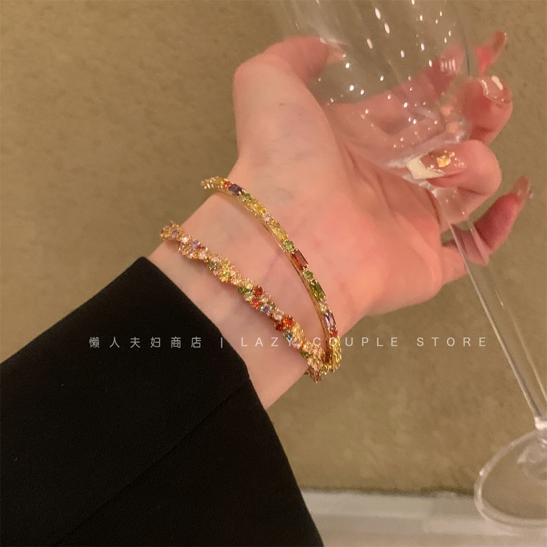 合金手链 彩色多巴胺锆石手镯女设计感麻花扭结精致手链手饰