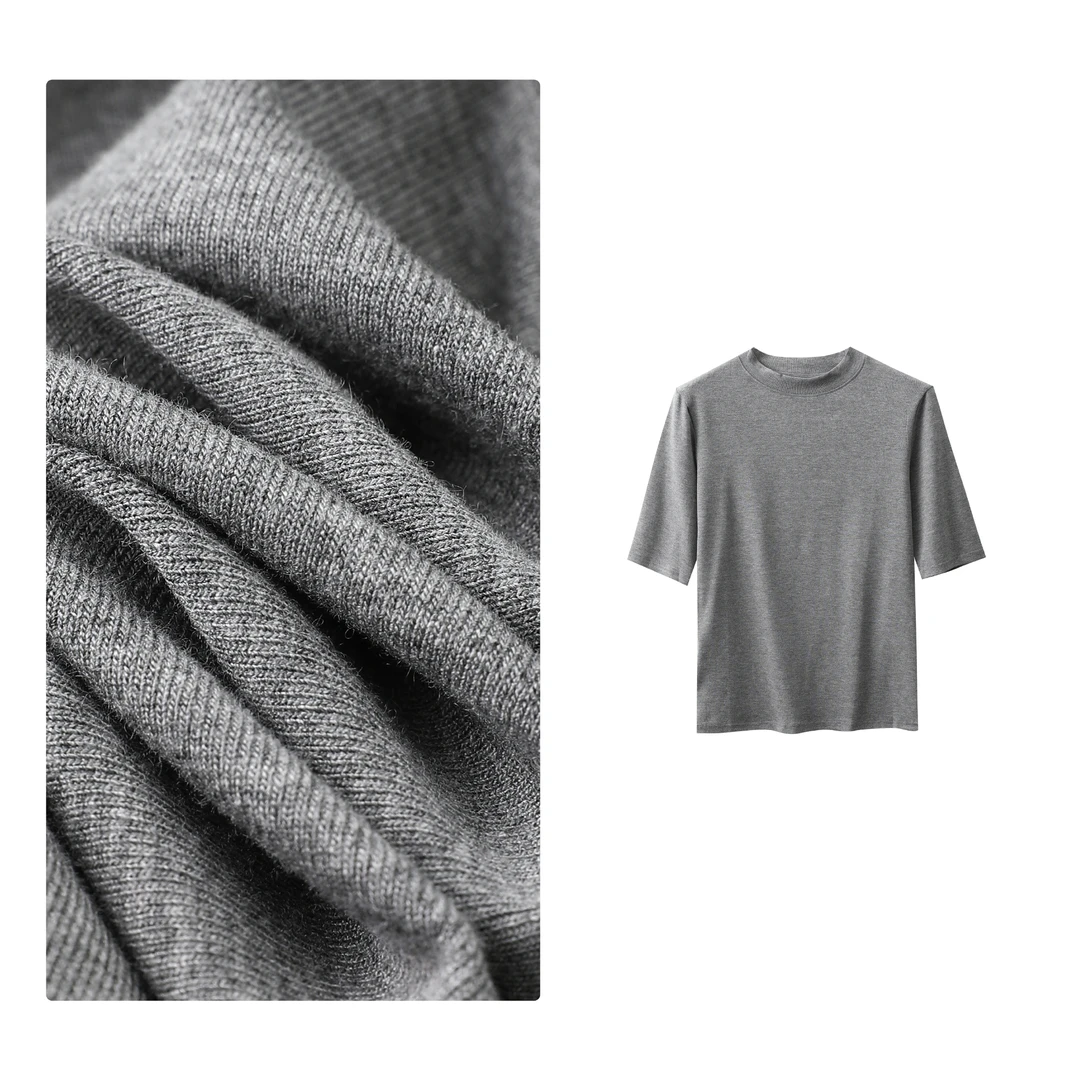 B 门店2&09！胶囊T恤」轻量化螺纹休闲半高领五分袖内搭上衣C23584