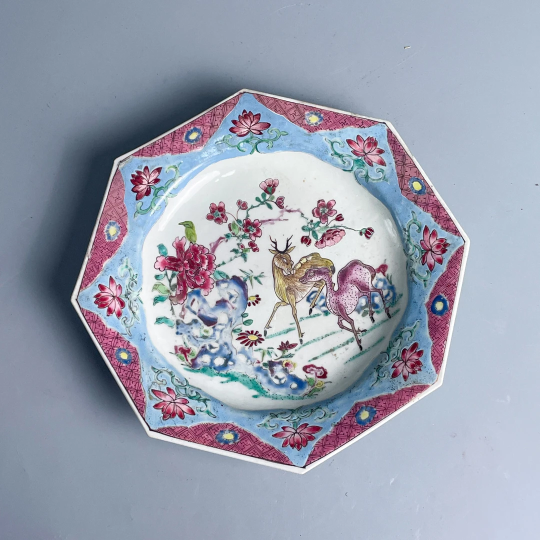 瓷器/古董清乾隆粉彩洞石花卉双鹿图盘-M25AW005989/文物/绣花张