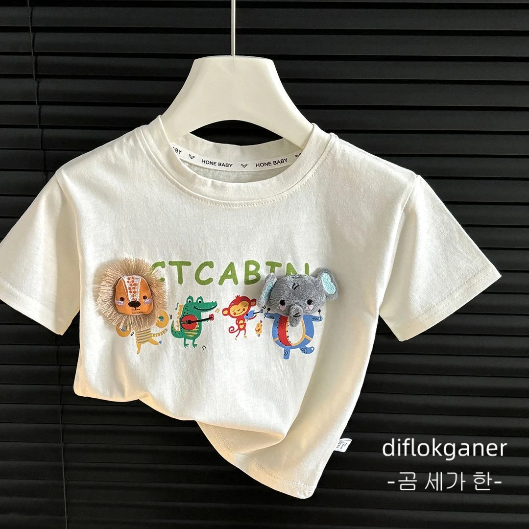 儿童棉短袖T恤男女童夏季上衣中大童卡通立体休闲半袖上衣