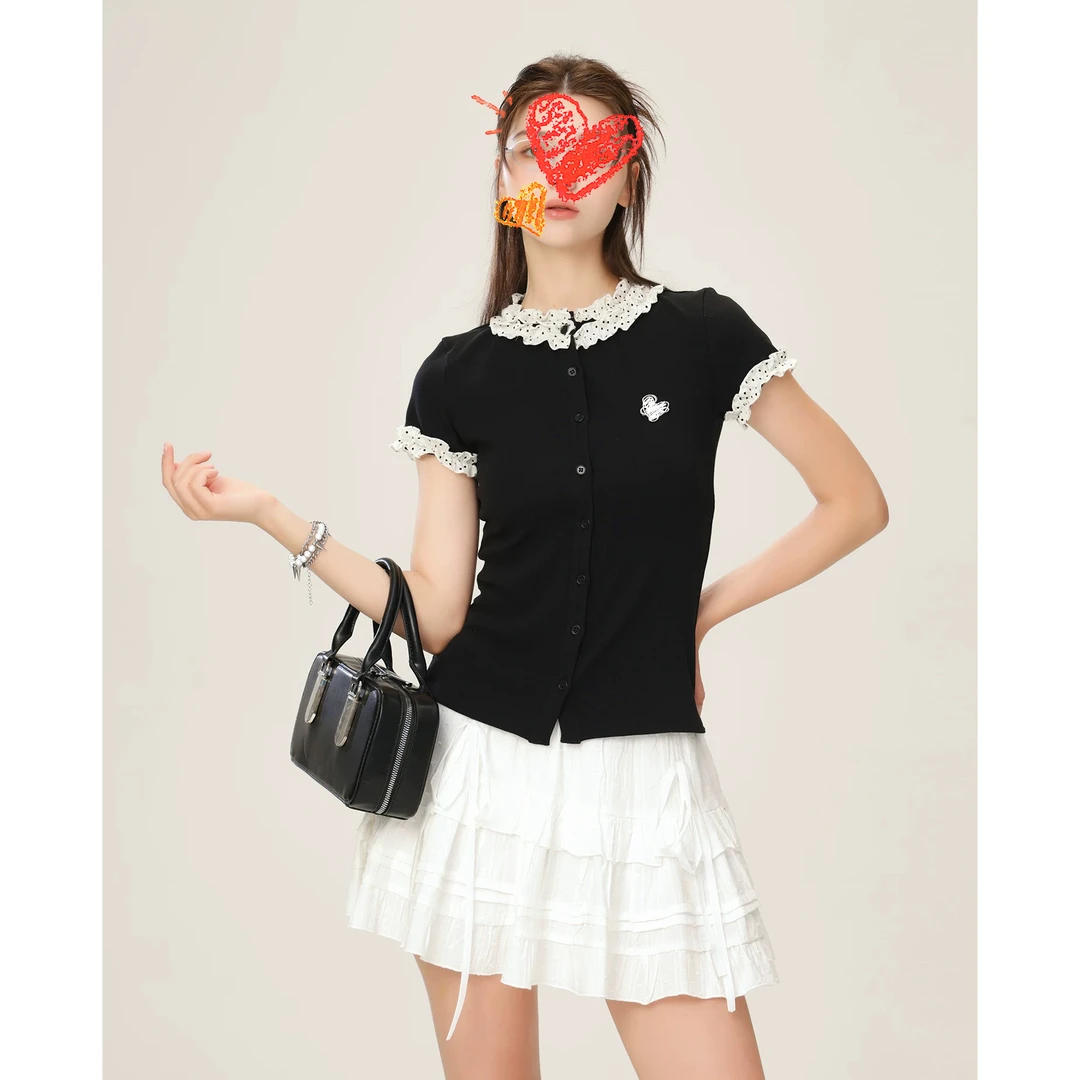 韩系学院风花边波点拼接短袖t恤女夏季修身小众独特正肩短款上衣