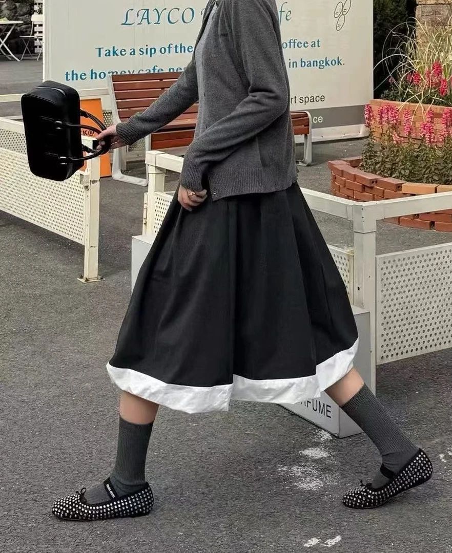 早春韩系校园风松紧腰百搭显瘦拼接撞色半身裙