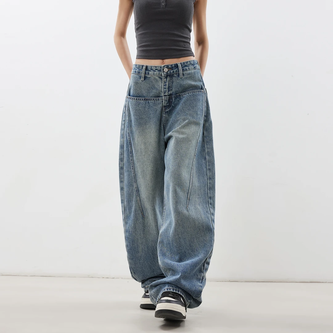 美式复古蓝色弯刀牛仔裤女2025秋季宽松阔腿裤水洗设计感高街裤子