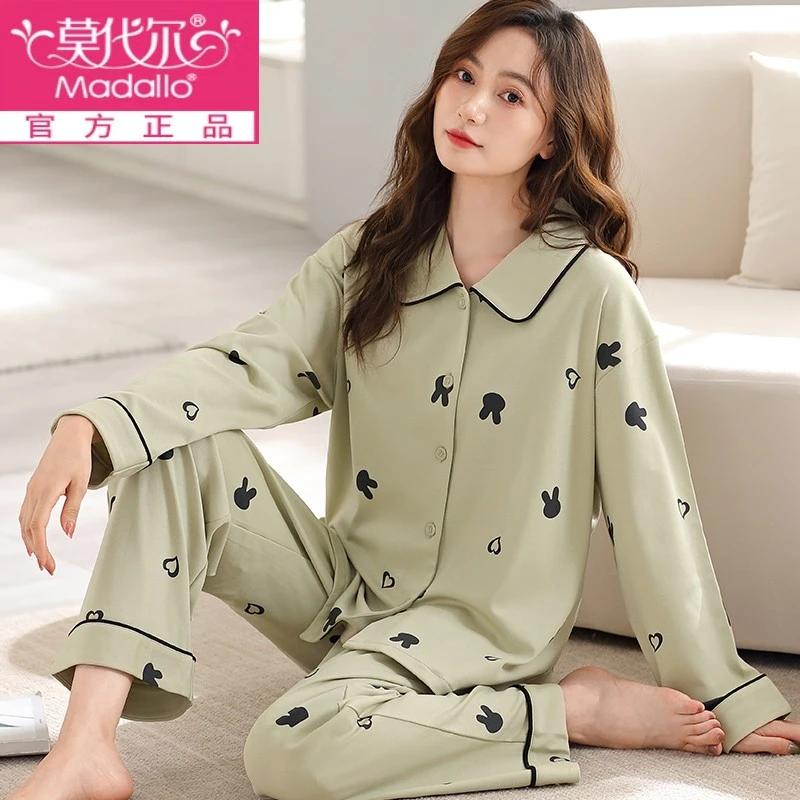 莫代尔新款莉莉家女士加厚纯棉绿色小兔长袖开衫家居服睡衣套装可