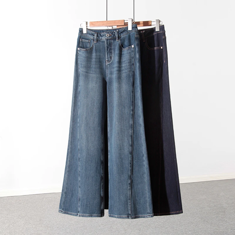 2025冬季加绒加厚阔腿微喇牛仔裤女高腰四面弹莱赛尔松弛感喇叭裤