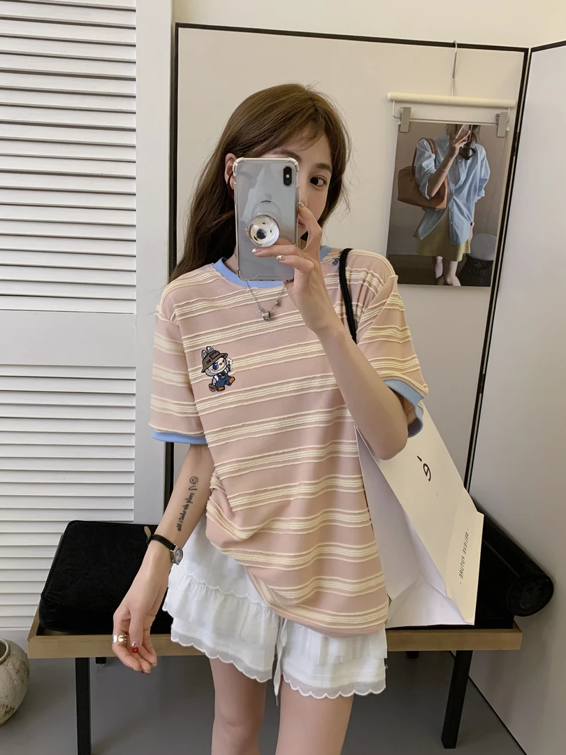 程程甄选-「条纹布布」 韩系爆款条纹宽松遮肉百搭刺绣T恤819