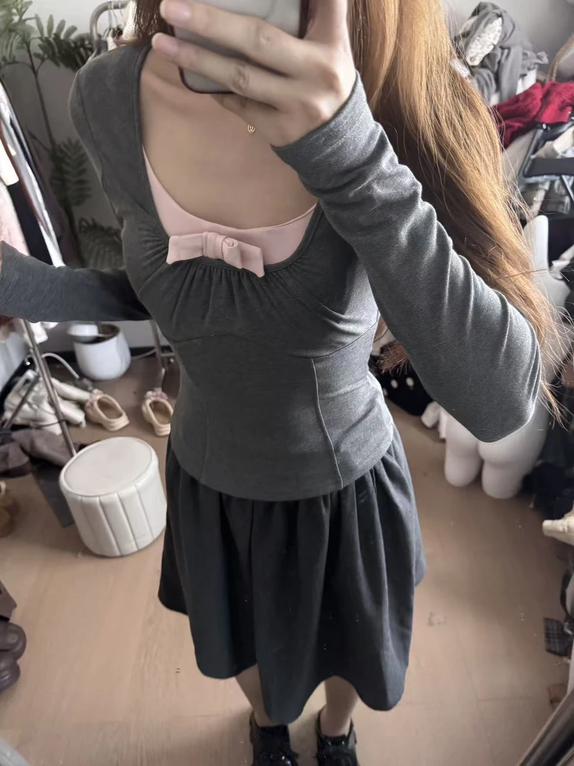 纯欲拼色抽褶蝴蝶结长袖针织打底衫女秋冬新款修身显瘦内搭小上衣