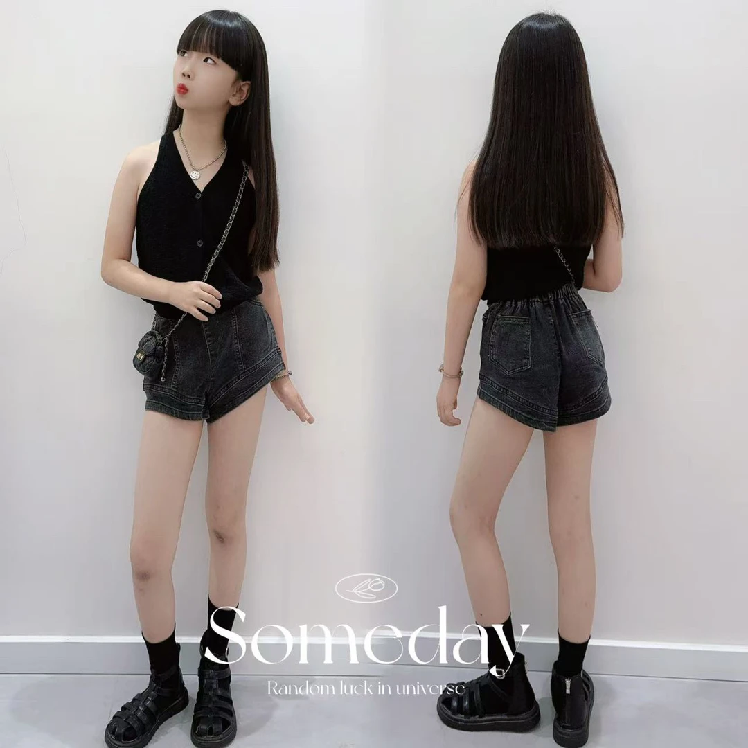 女童时尚修身V领背心上衣气质冰丝针织无袖2025夏季新款中大童