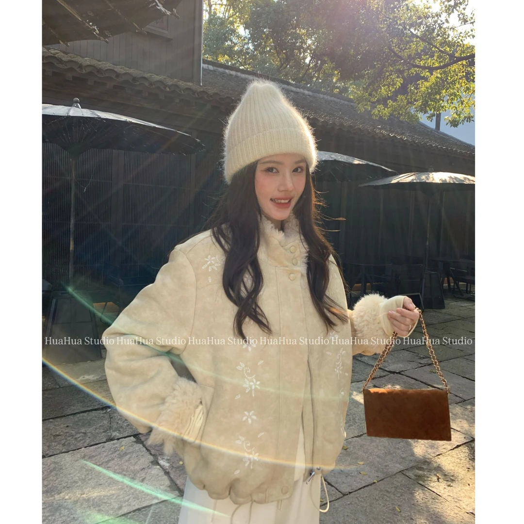 【花花】冬野花集~韩代定制烫金压花粗线立体刺绣立领仿麂皮外套