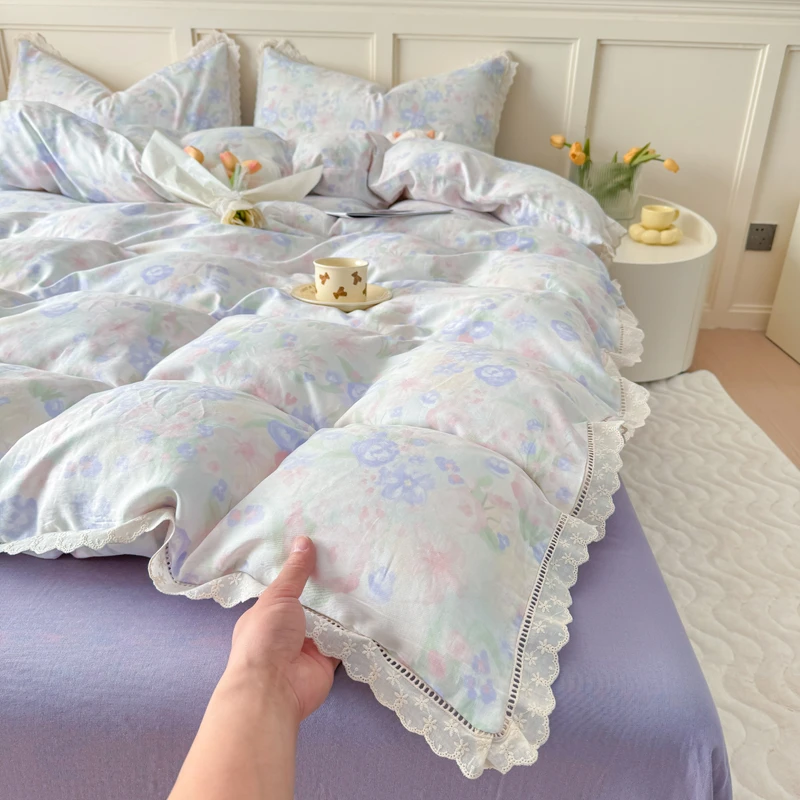 2025韩版蕾丝花边纯棉全棉双层纱四件套全棉纯棉小碎花印花公主风
