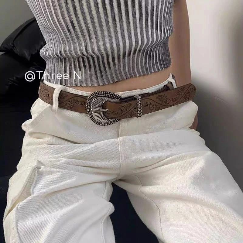 Three N棕色花纹复古腰带女小众设计个性百搭皮带新款配牛仔裤带