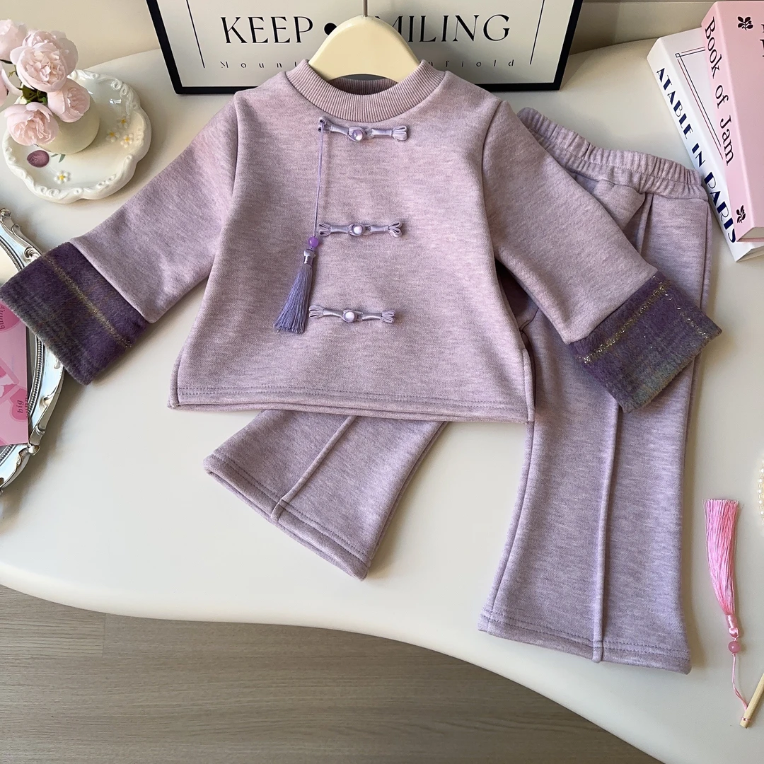 女童冬洋气新年衣服紫色新中式上衣休闲加绒过年装AWA896