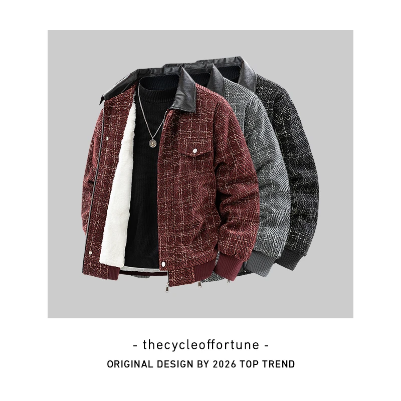 大码男装千鸟格棉服仿羊羔绒保暖连帽宽松型拉链男棉衣加绒2607JR