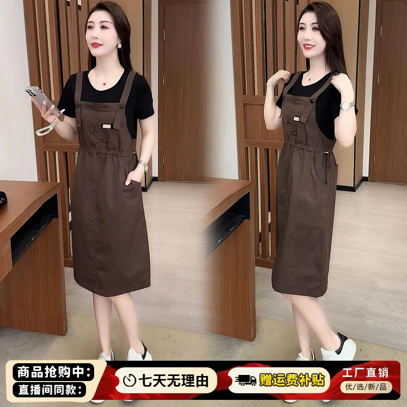 高含棉假两件连衣裙女2025年夏季新款小个子收腰显瘦中长款a字裙