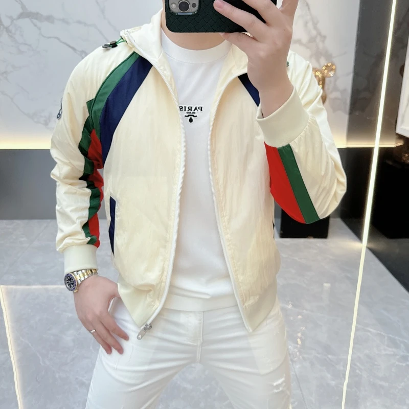 男士连帽休闲夹克2025秋季新款潮牌网红撞色拼接修身帅气薄款外套