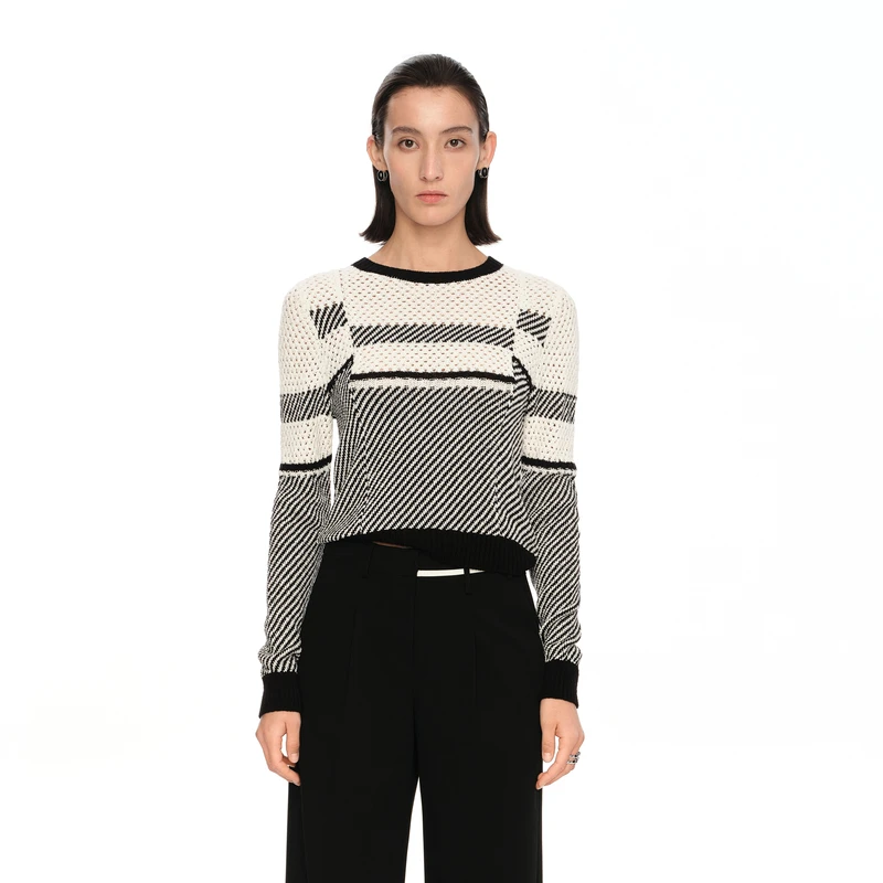 H·GENTEEL荷高24新夏女黑白撞色拼接套头上衣针织衫GUE21650583