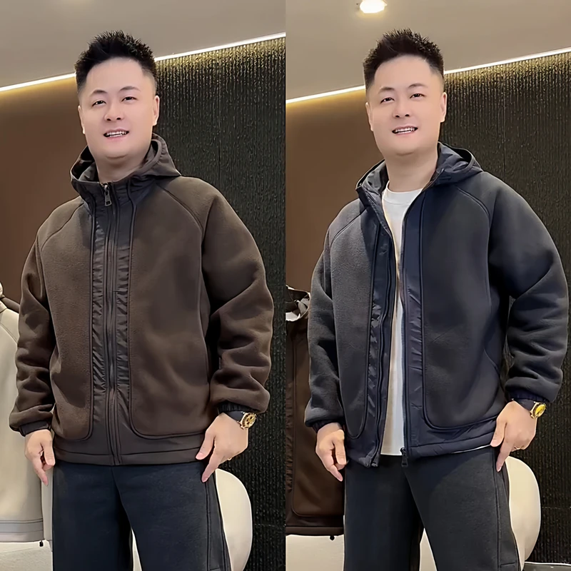 2025冬季爆款双面摇粒绒连帽外套男潮牌拼接时尚加厚保暖休闲夹克