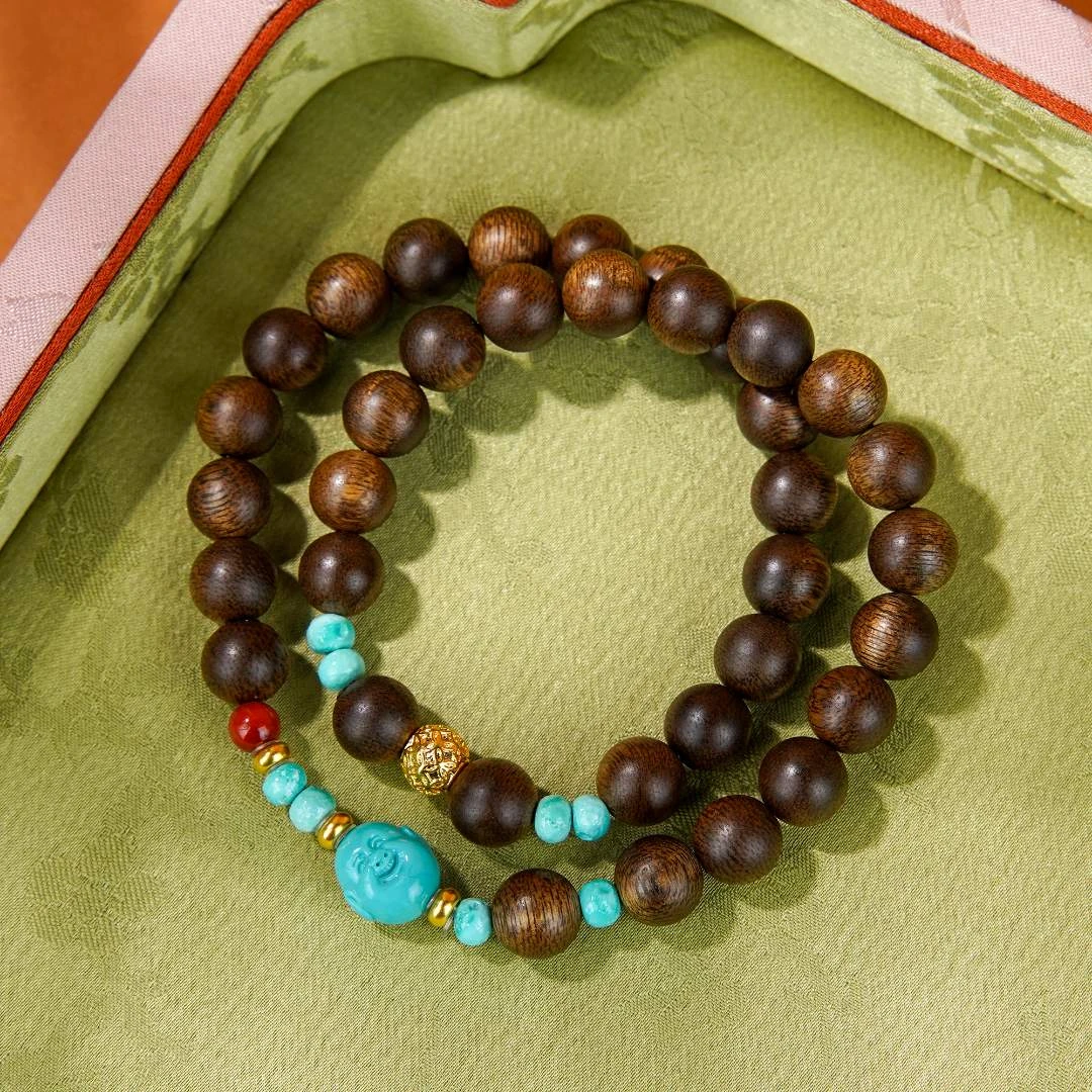 沉香沉水白奇楠0.8DIY绿松佛足金南红沉香手串双圈/CX00498