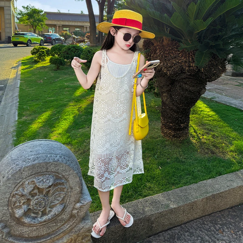 女童夏装套装2025新款洋气韩版儿童夏季时髦蕾丝镂空背心裙两件套