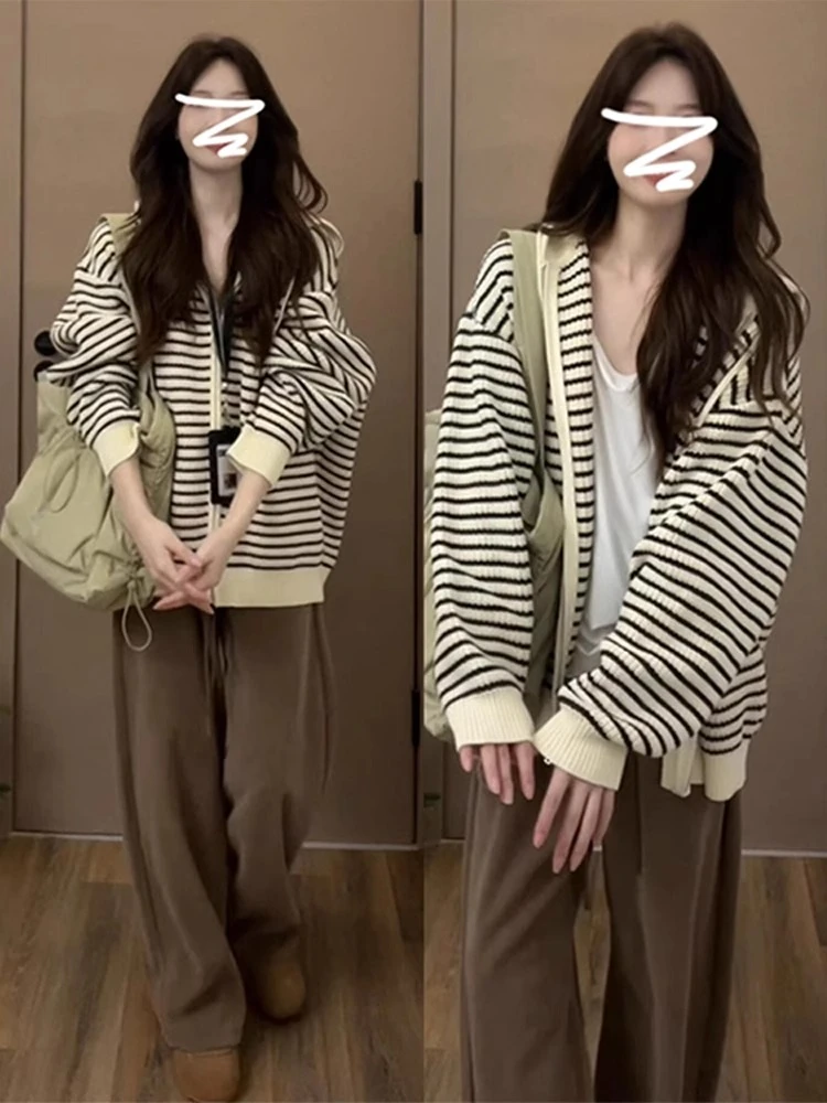 杏色抽绳连帽条纹针织开衫女秋季韩版宽松慵懒凤外穿毛衣上衣外套