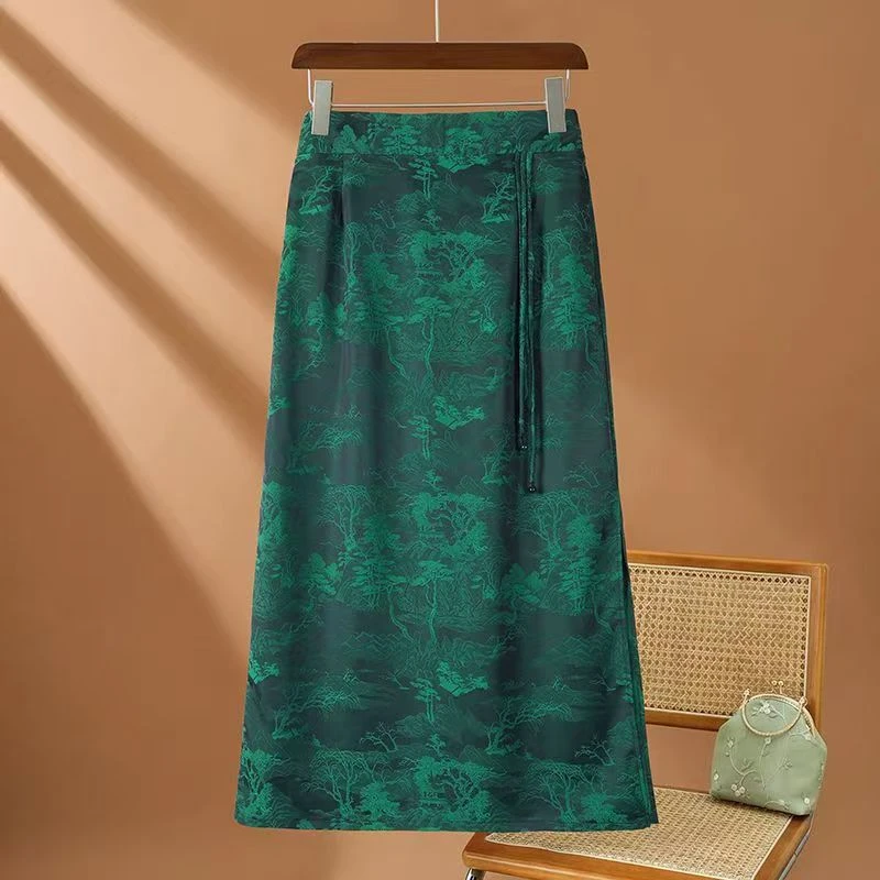 新中式织锦花流苏开叉中长款国风气质包臀半身裙2025新款原版正品