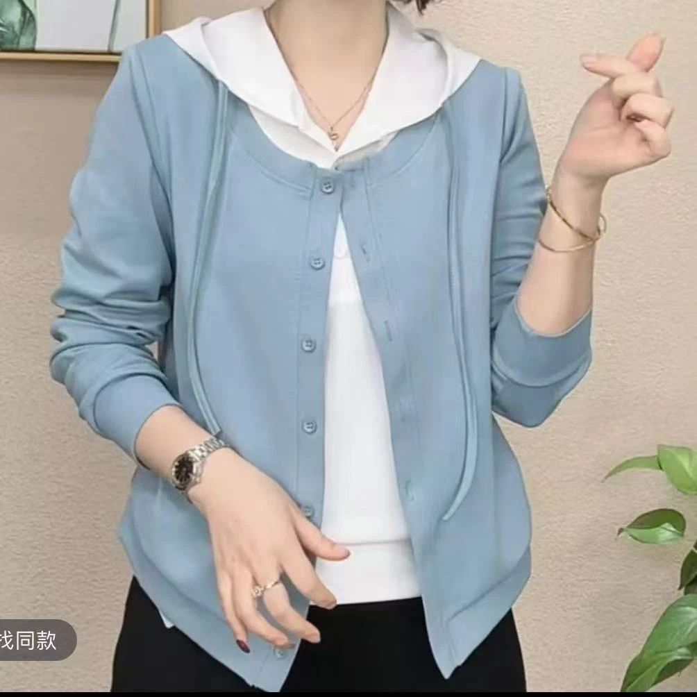 2025修身显瘦假两件帽子打底上衣