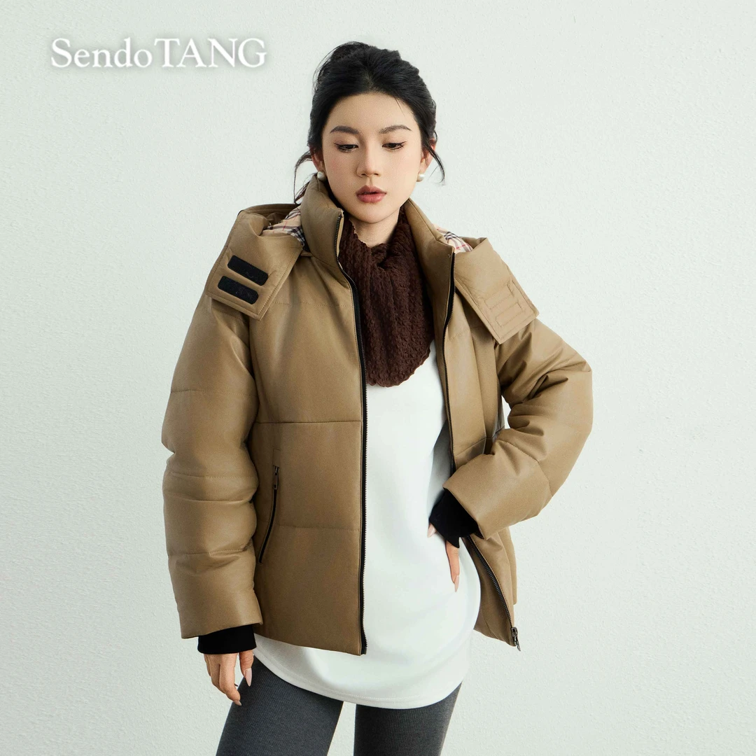 真皮鹅绒【冬日摩卡】胖多女装新款时尚百搭连帽宽松羽绒服外套