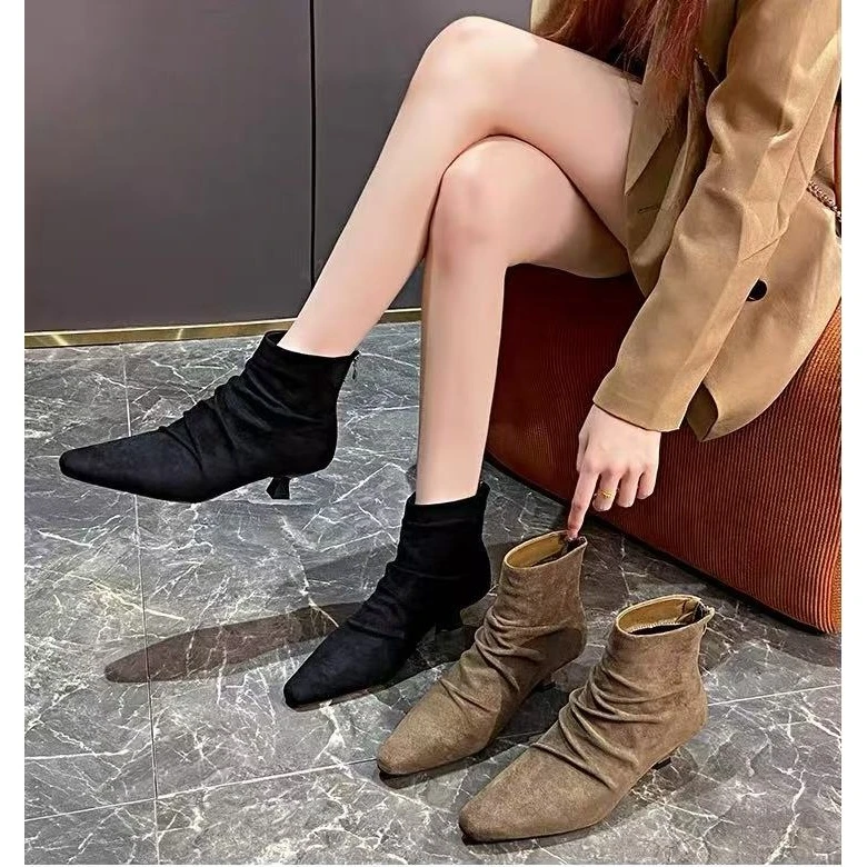 秋冬新款韩版通勤瘦瘦简约粗跟裸靴短靴168-8288(不加绒)