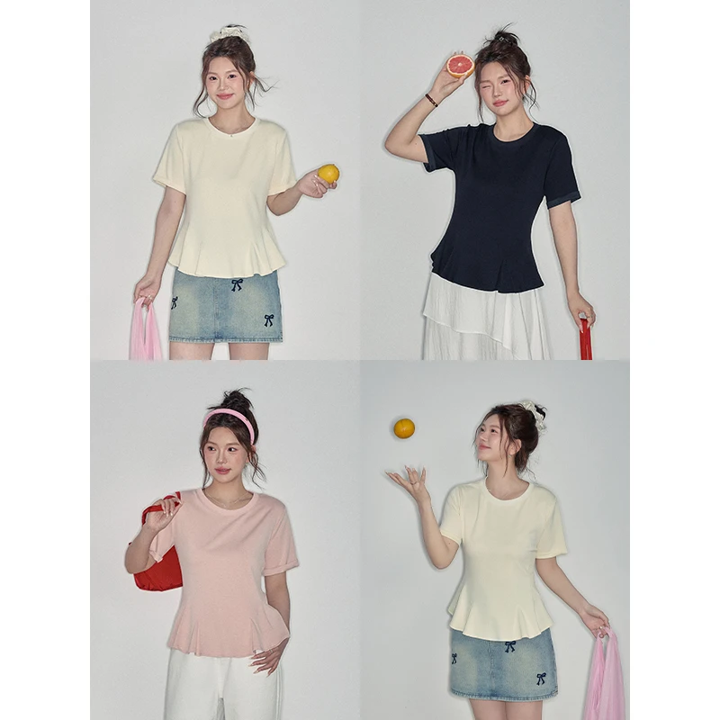 夏大大大码T恤 现货！非常好搭配！收腰显瘦荷叶边短袖D825Y07349