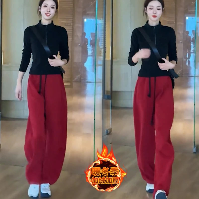 时尚套装女秋冬新款半拉链双面绒打底上衣休闲加绒阔腿裤两件套潮