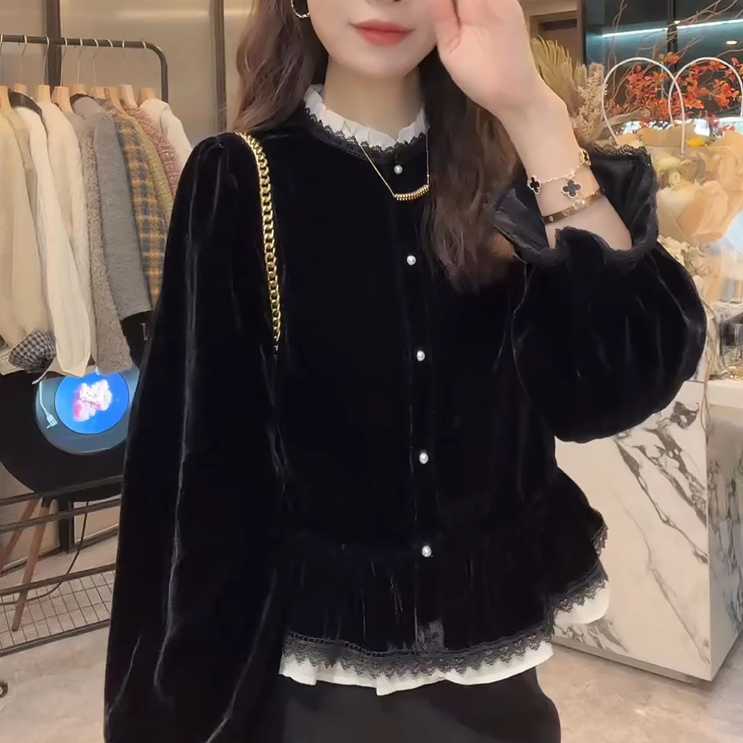 新款法式轻奢独特漂亮小衫秋季丝绒别致独特衬衫上衣LK2506795-1