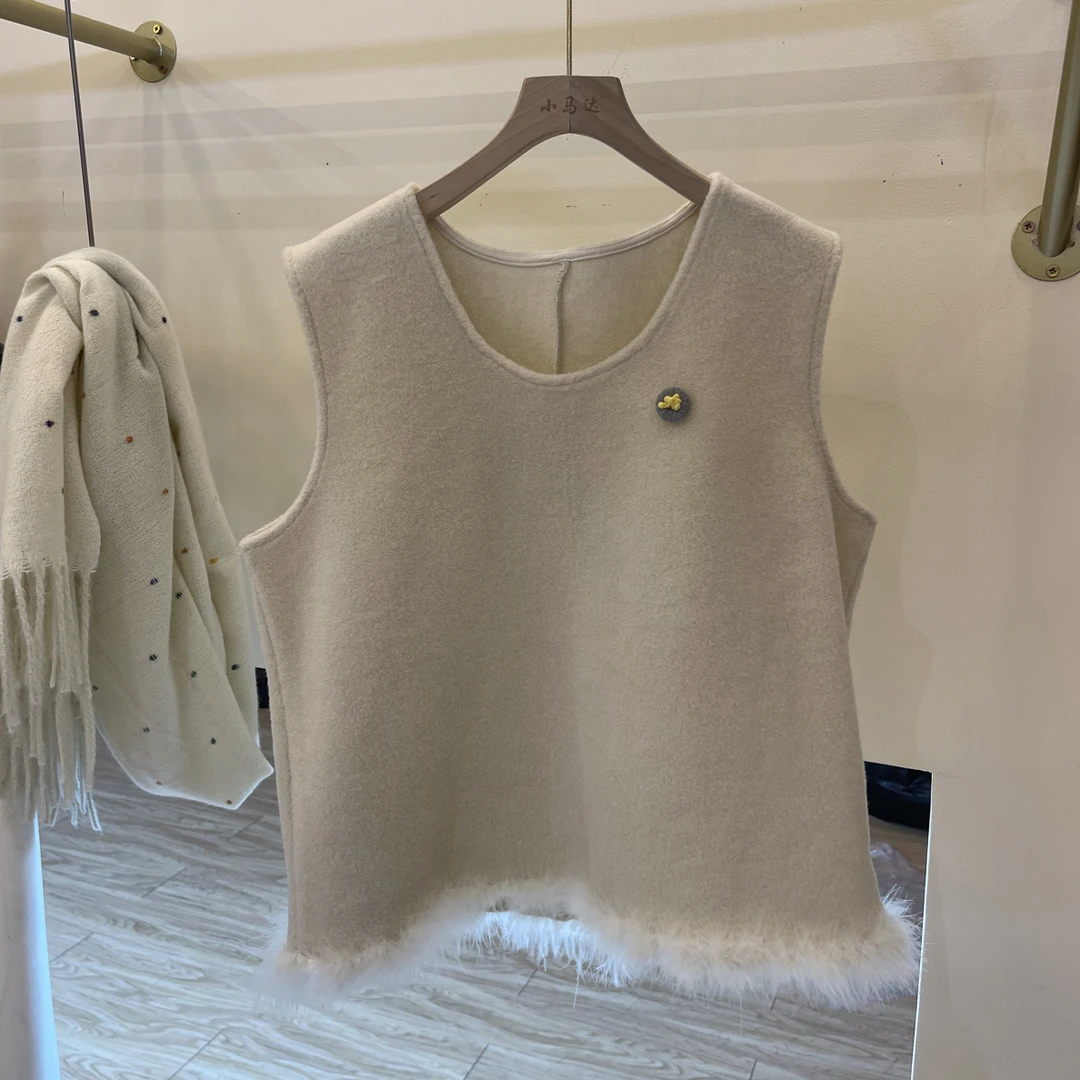 北上广#9652冬季福利下摆拼接长毛呢料气质马甲，衣长：59cm