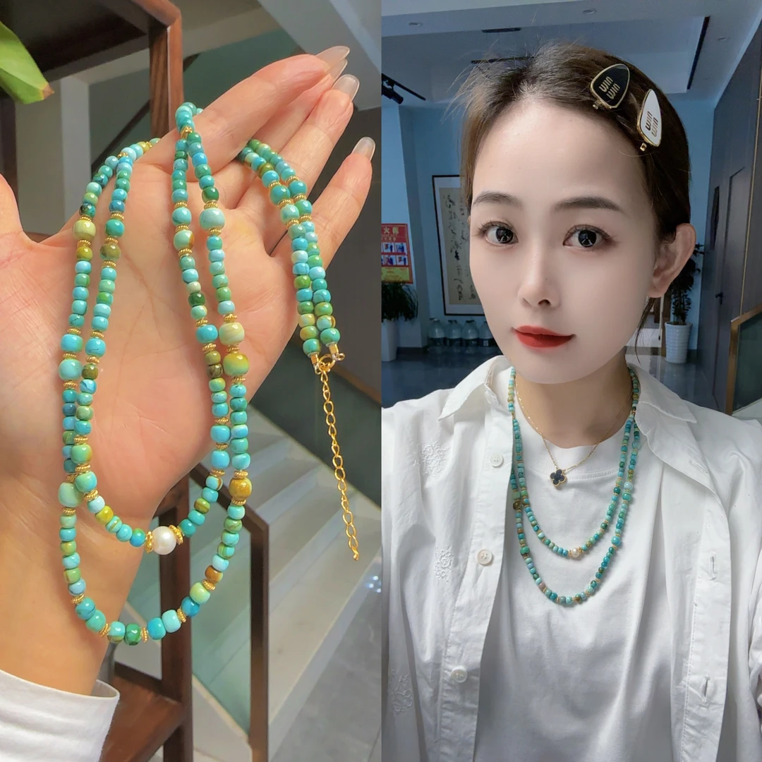 404<娇丰珠宝>湖北天然原矿绿松石精品水波纹项链