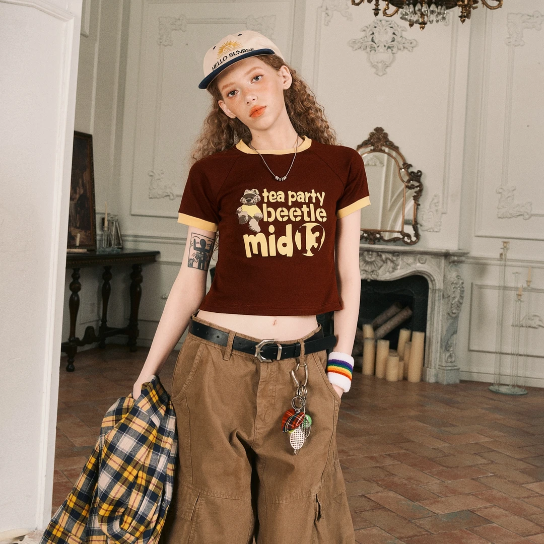 BEETLE TOWN美式撞色拼接短袖T恤2025款女夏修身漏脐休闲半袖上衣