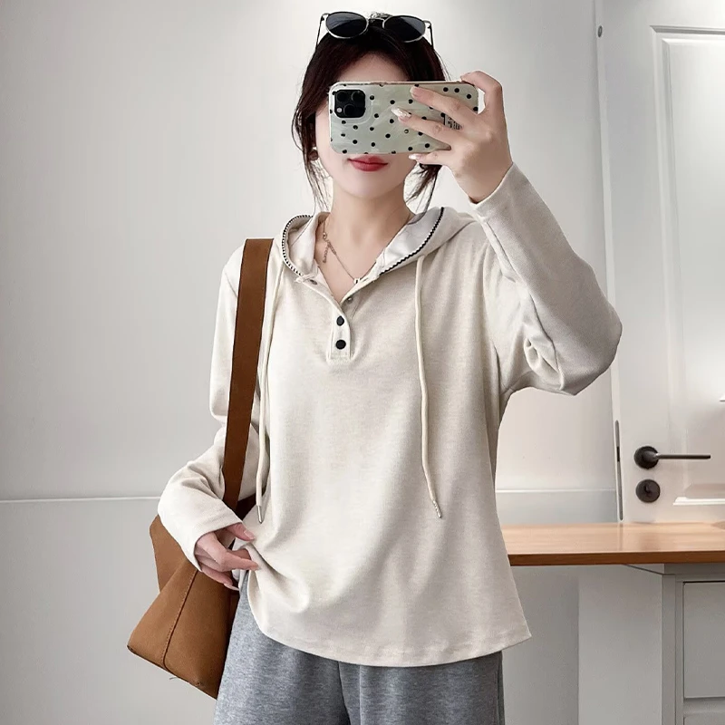 大码女装秋季新款时尚连帽长袖T恤女宽松显瘦百搭胖mm洋气上衣服