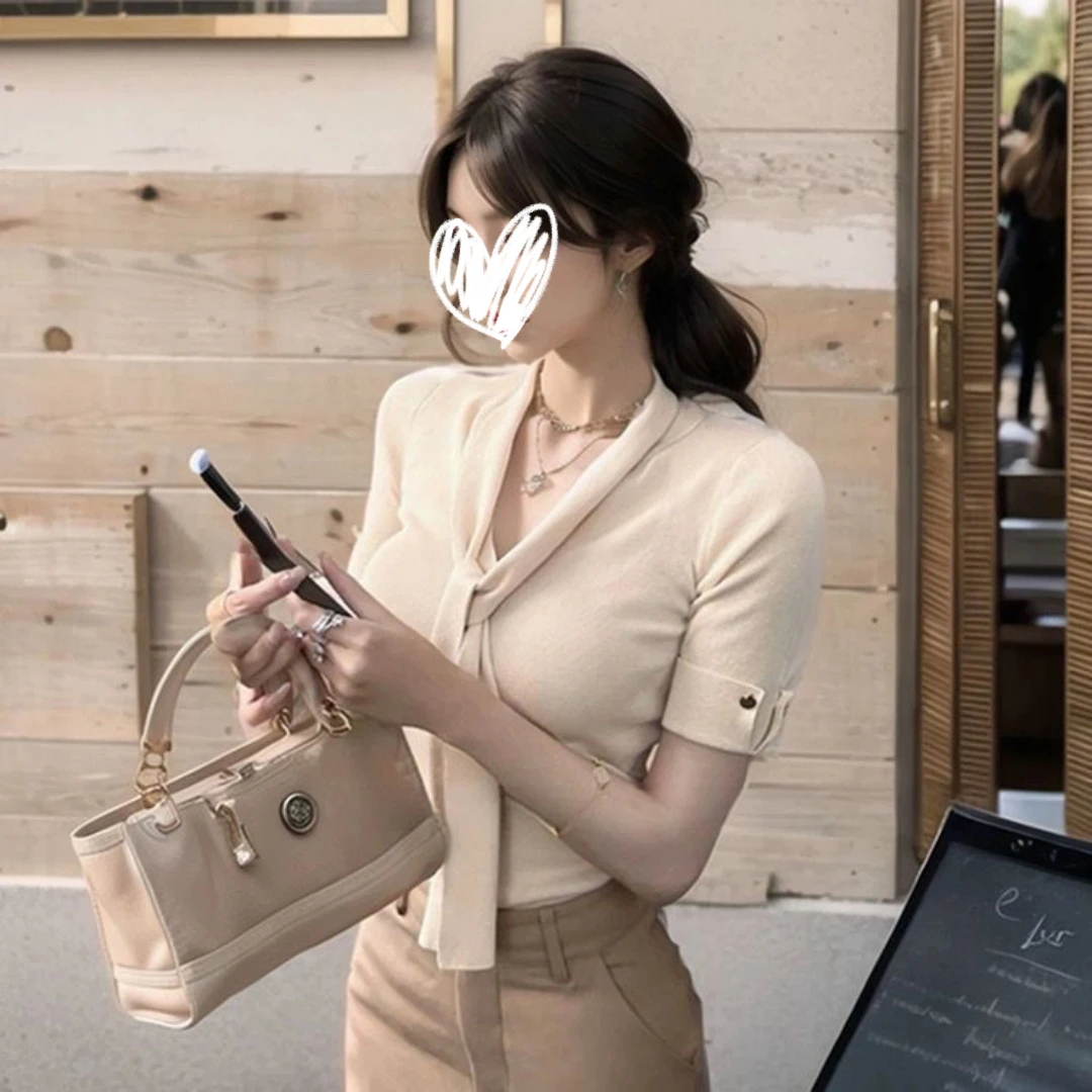 艺等韩系飘带修身短袖恤女夏季收腰气质御姐轻熟风v领藏青色上衣