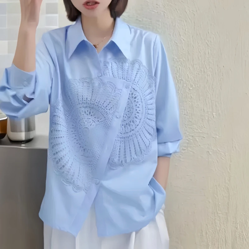 不规则重工钩花衬衫女2025早春新款宽松显瘦设计感翻领长袖衬衣潮