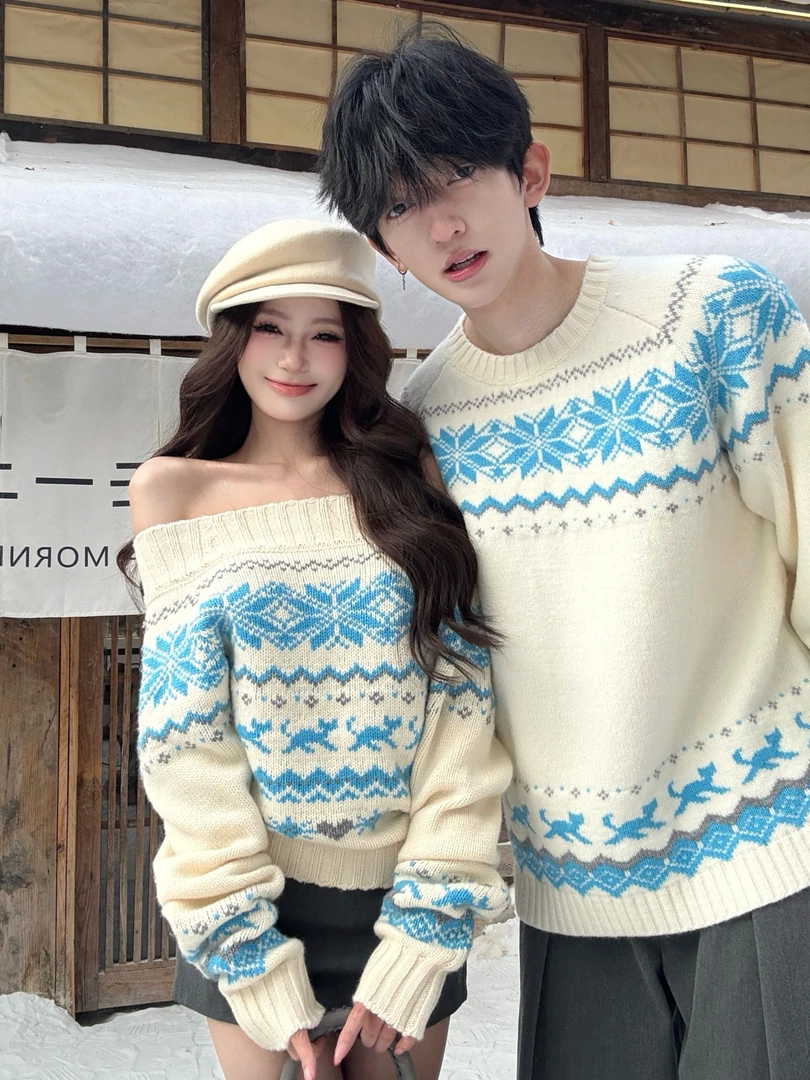 情侣装秋冬套头毛衣保暖发热保暖露肩针织提花辣妹风潮