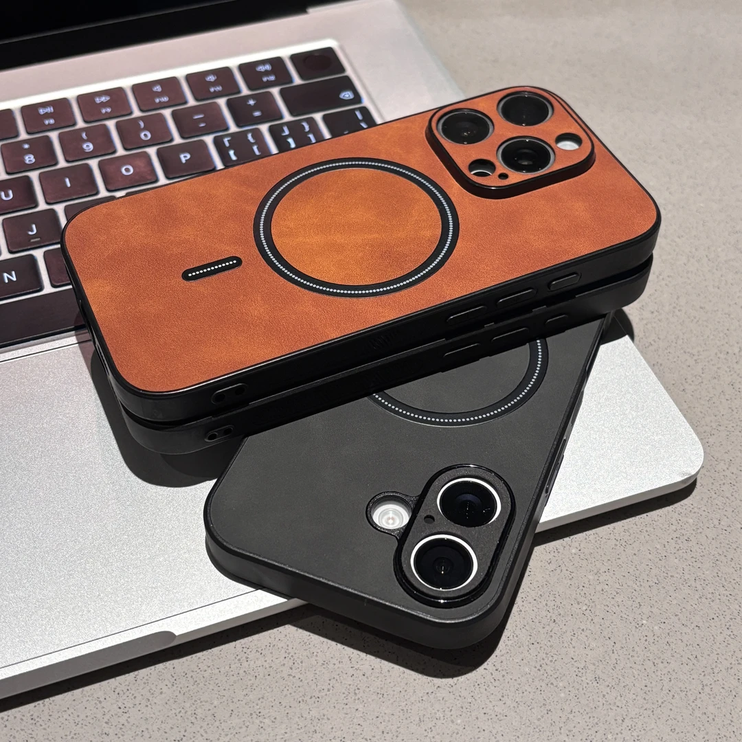 飞虎胜简约纯色羊巴皮磁吸适用苹果16promax手机壳防摔15/14/13套