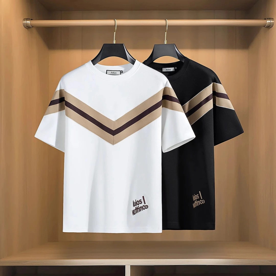 夏季新款时尚潮流个性织带拼接冰丝莫代尔太空棉男士圆领短袖t恤